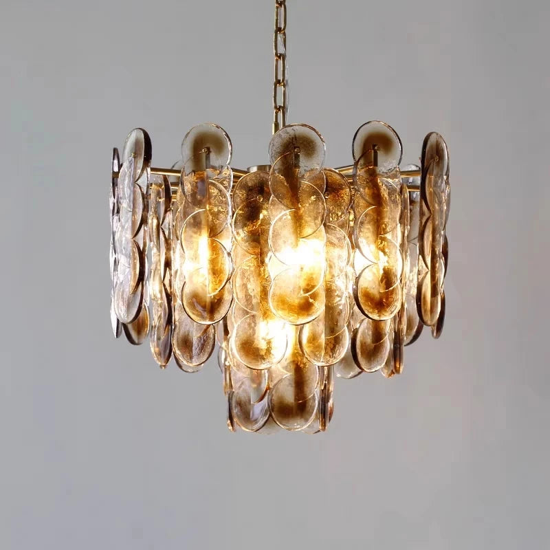 Luxury amber glass pendant light round chandelier dining room