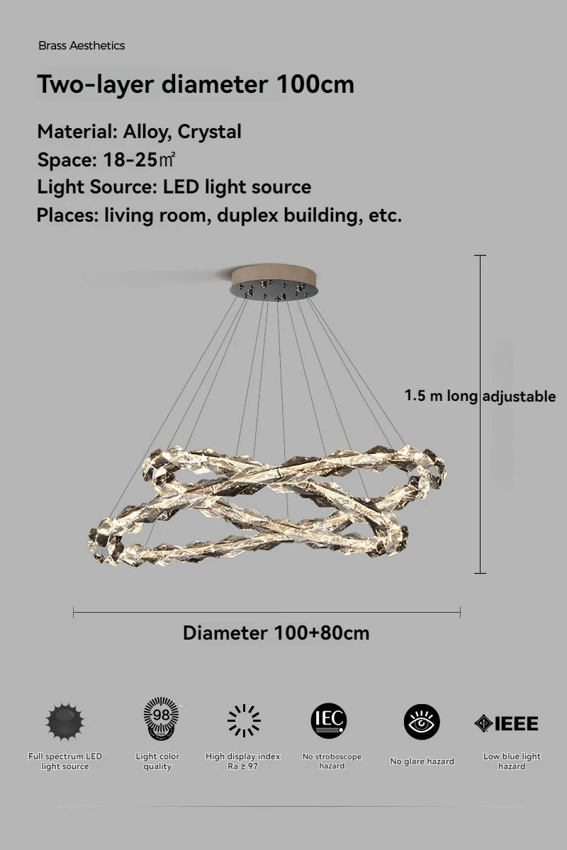 Multi-ring crystal chandelier double height space
