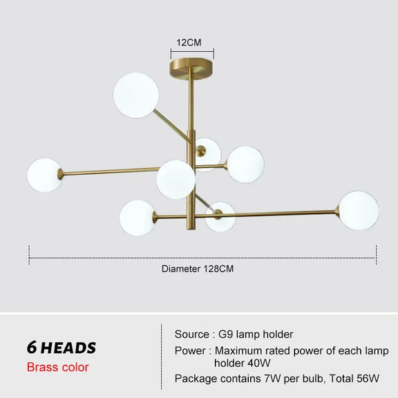 Close-up of frosted glass globe lights on brass chandelier