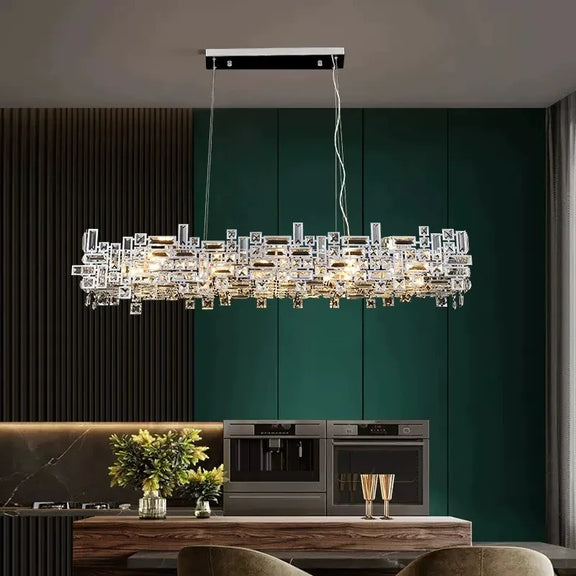 Close-up of stacked glass crystals on luxury chandelier