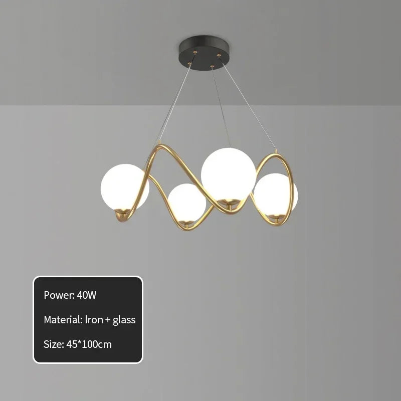 Bauhaus swirl gold chandelier with frosted globes