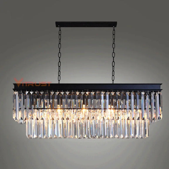 Black gold rectangular K9 crystal chandelier front view