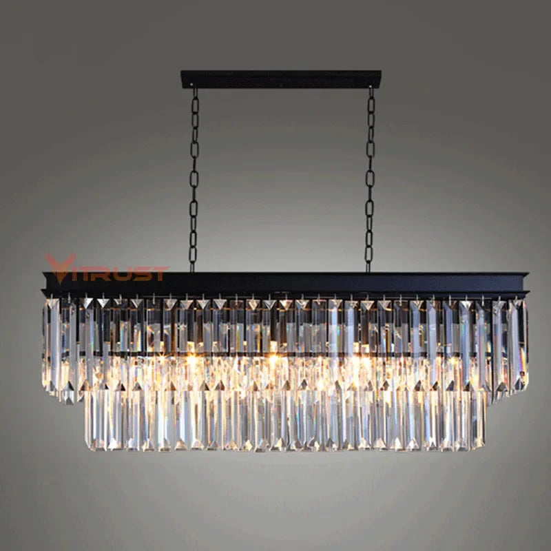 Black gold rectangular K9 crystal chandelier front view