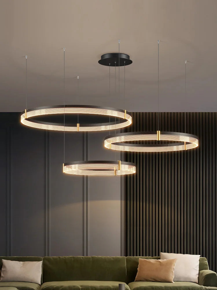 Luxury 3-tier LED ring chandelier in matte black and gold