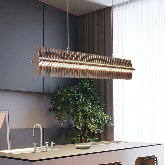 Modern linear brass LED chandelier dining table