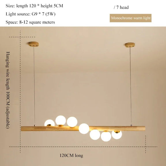 Long wooden beam light with multiple spherical LED globes