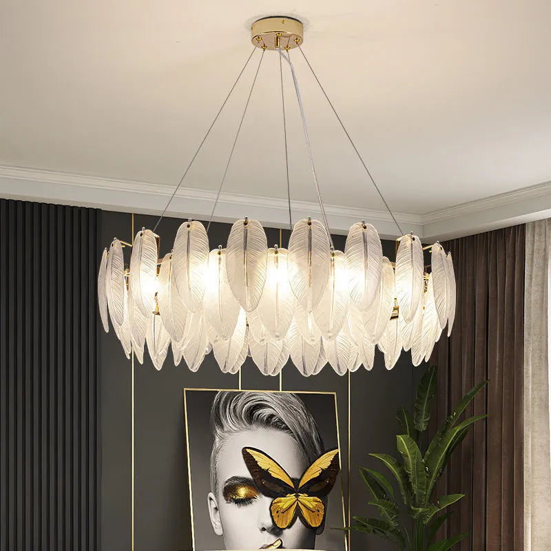 Feather glass gold chandelier luxury pendant light