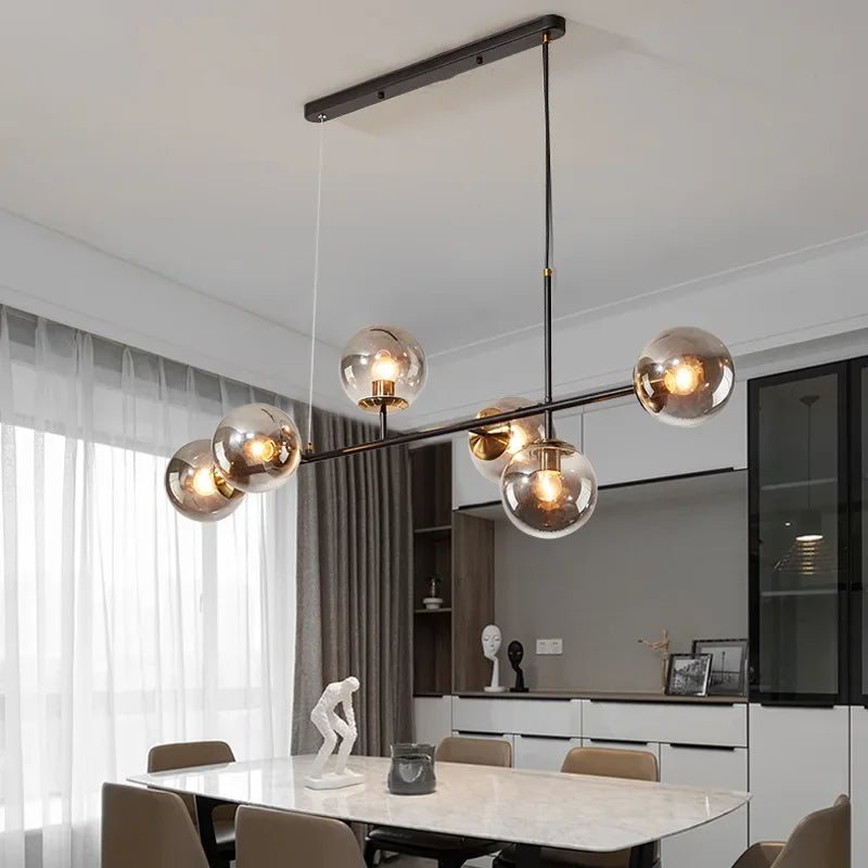 Modern molecular chandelier with gold frame and glass globes