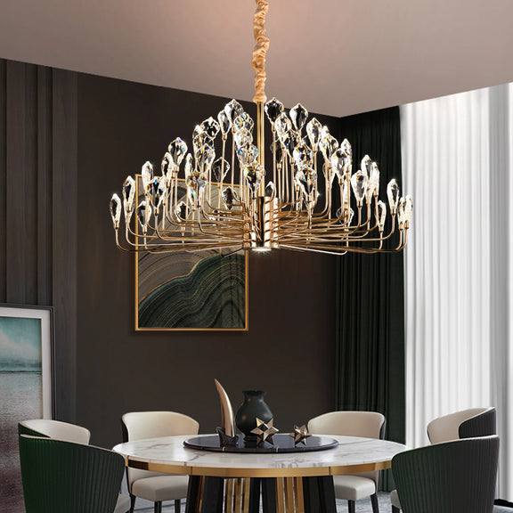 Elegant gold crystal chandelier close-up detail