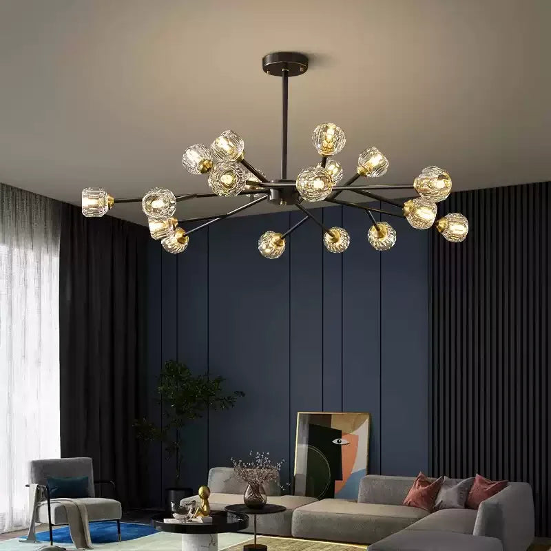 Gold molecular chandelier with clear crystal lamp shades