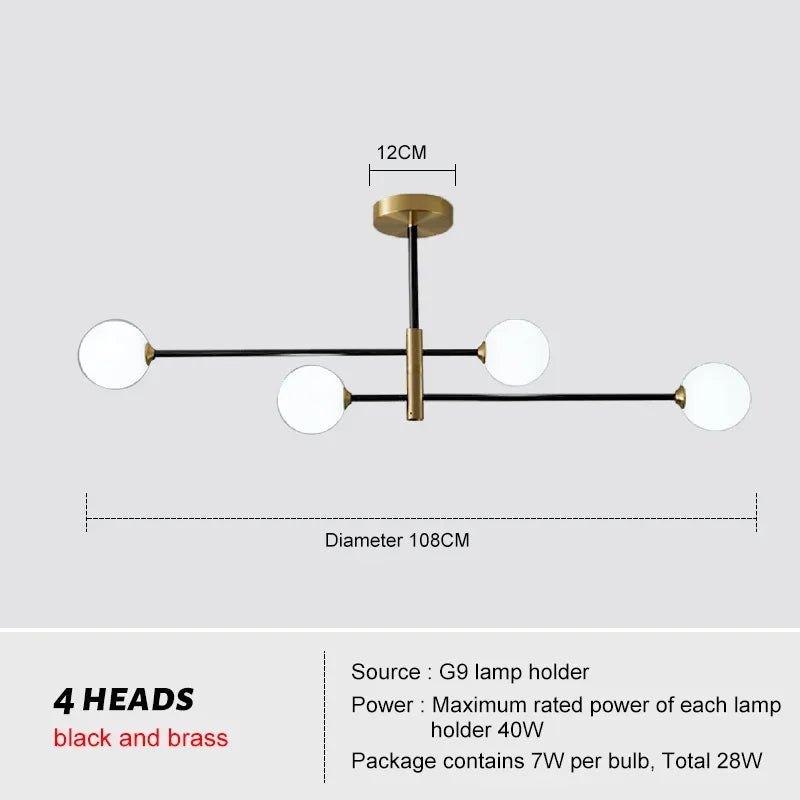 Six-head brass chandelier with frosted sphere shades