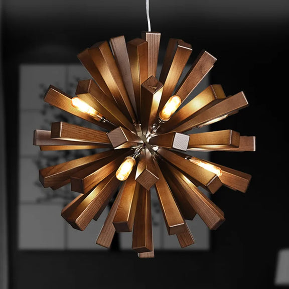 Artistic wooden strip chandelier interior