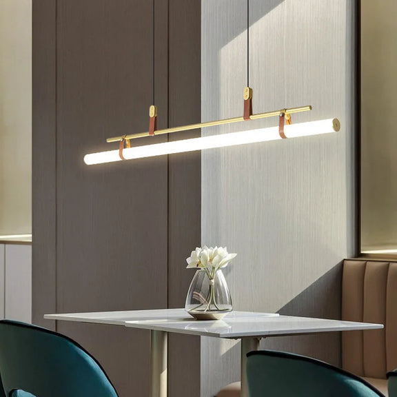 Gold leather strap LED tube pendant dining table