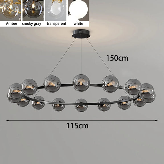 Modern black ring chandelier with smoked glass globes