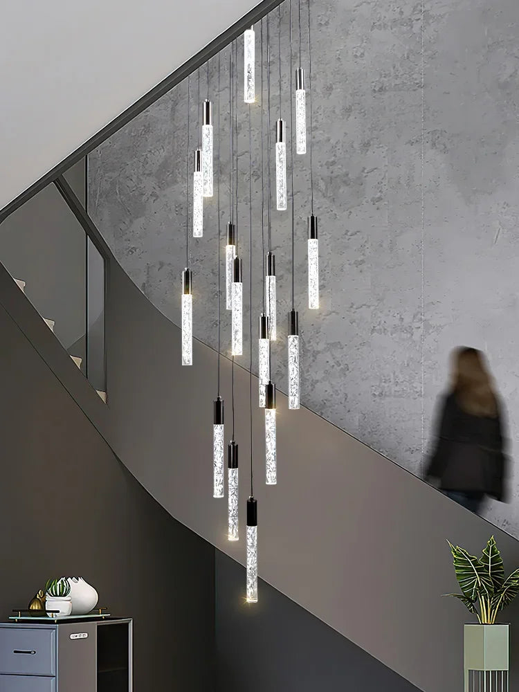 modern crystal cylinder staircase lighting