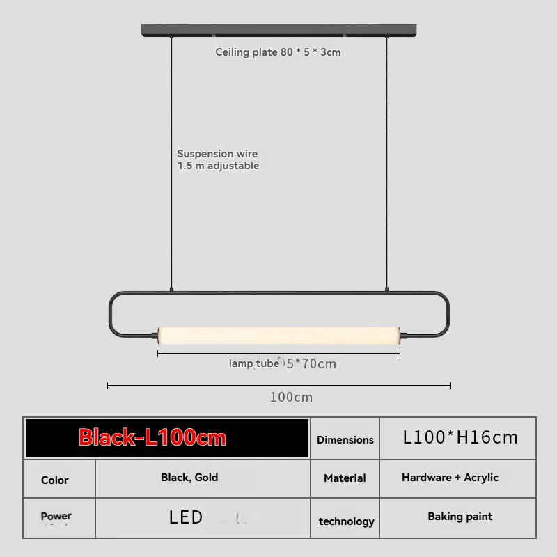 Wabi-sabi linear LED pendant light suspended from ceiling
