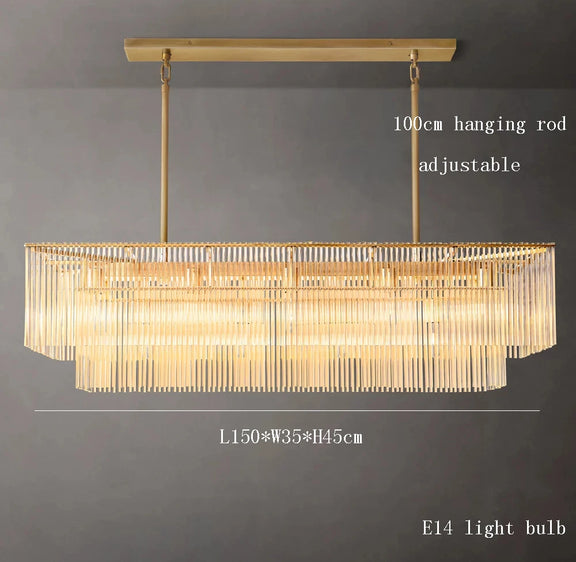Large gold glass chandelier with layered bars for hotel lobby lighting