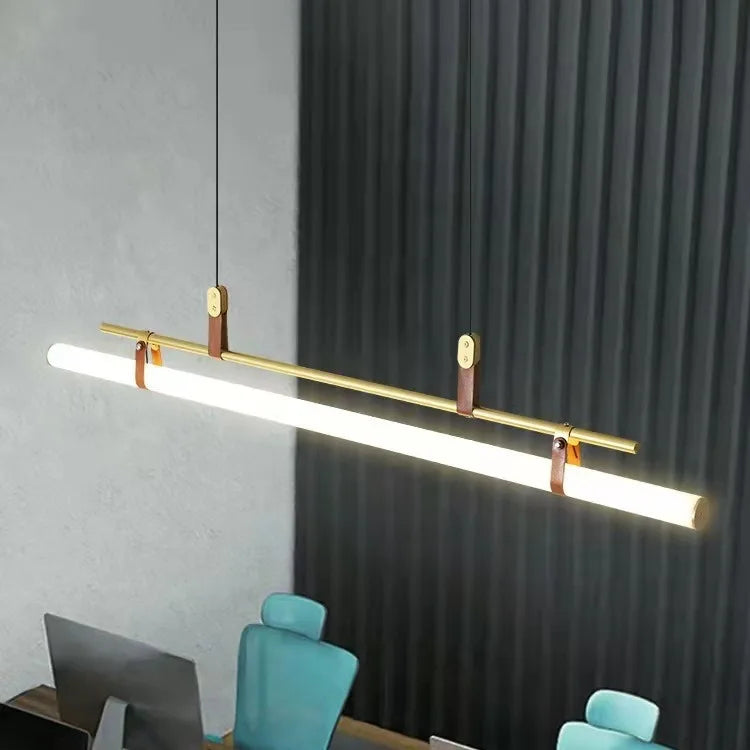 Luxury gold leather strap pendant modern dining setup