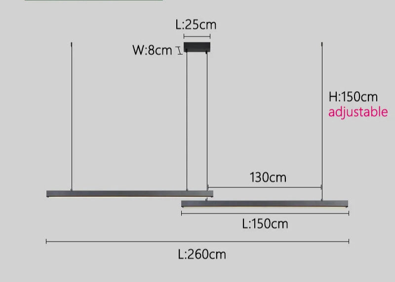 Adjustable-height black linear chandelier with wooden end accents.