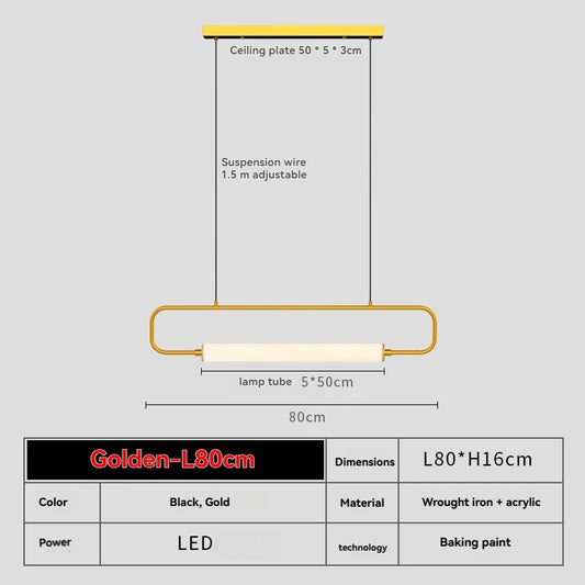 Gold linear tube LED pendant light modern interior