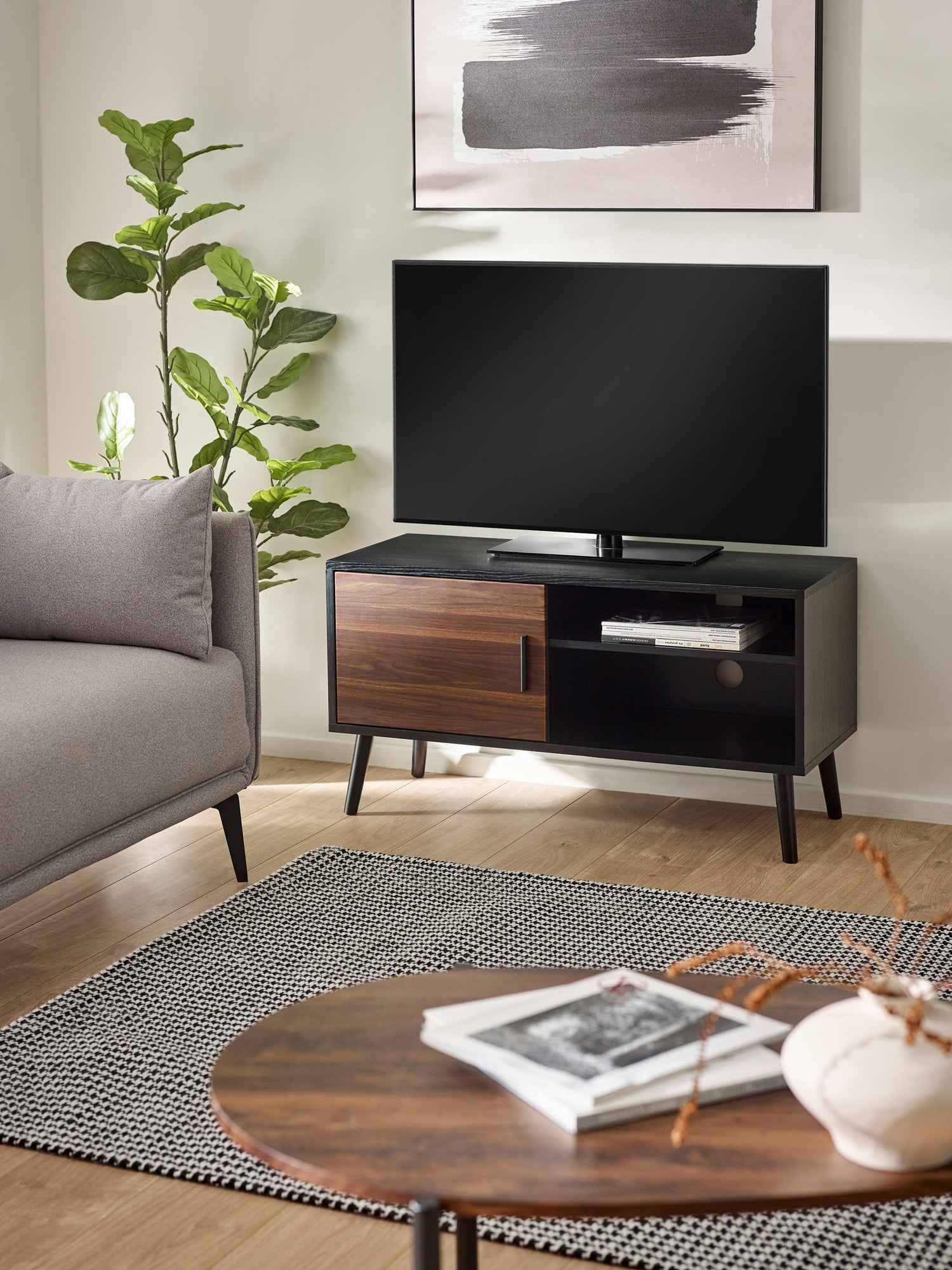 Trent Walnut and Black Small TV Stand Up to 43" – main view