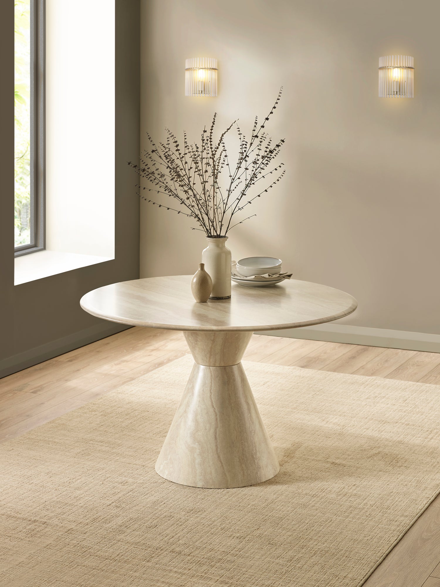 Verona 120cm Round Pedestal 4 Seater Dining Table – Cream Marble Effect – main view
