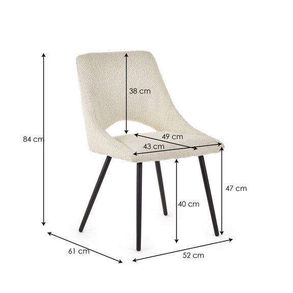 Beige chair with dimensions marked on a white background