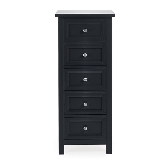 Black five-drawer dresser with silver knobs on a white background