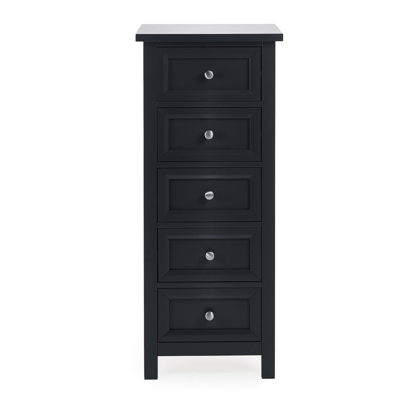 Black five-drawer dresser with silver knobs on a white background