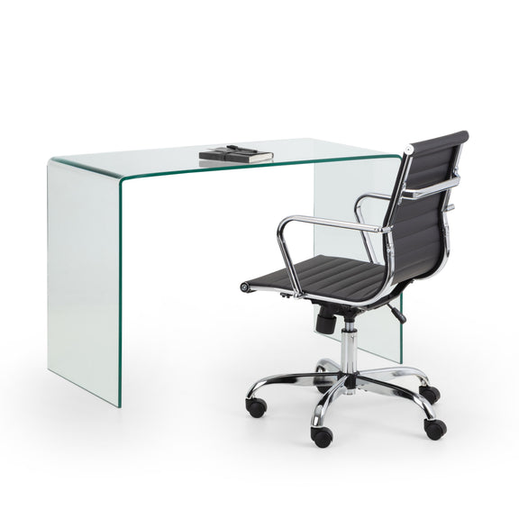 Glass office desk with a black office chair on a white background
