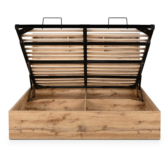 Wooden bed frame with metal slats on a white background