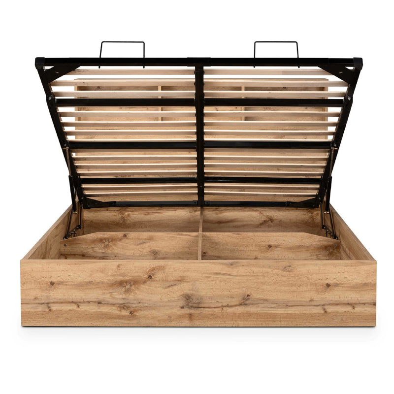 Wooden bed frame with metal slats on a white background