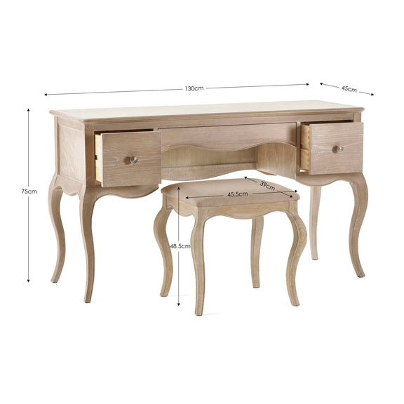 Wooden desk with dimensions labeled on a white background