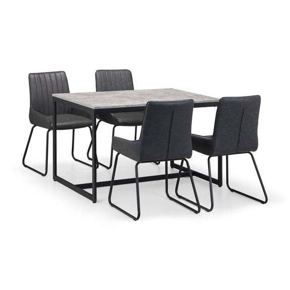 Dining table set with four black chairs on a white background