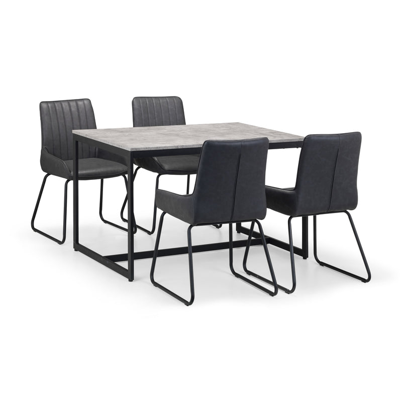 Dining table set with four black chairs on a white background