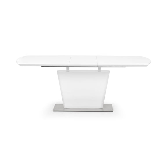 White dining table with a modern design on a white background