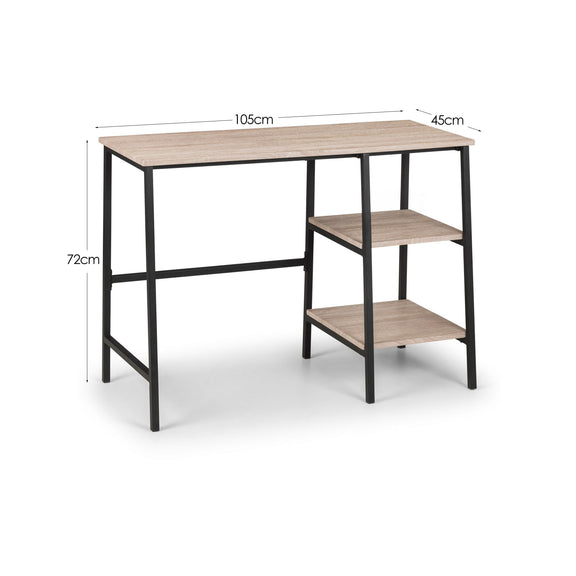 Wooden desk with dimensions labeled on a white background