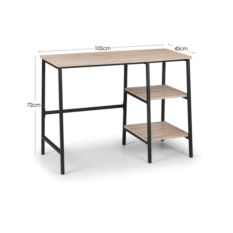 Wooden desk with dimensions labeled on a white background