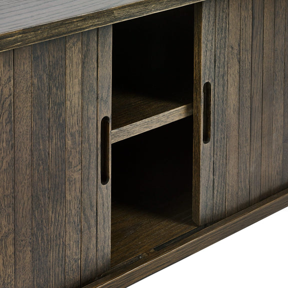 Wooden cabinet with a sliding door open, showing an empty interior.