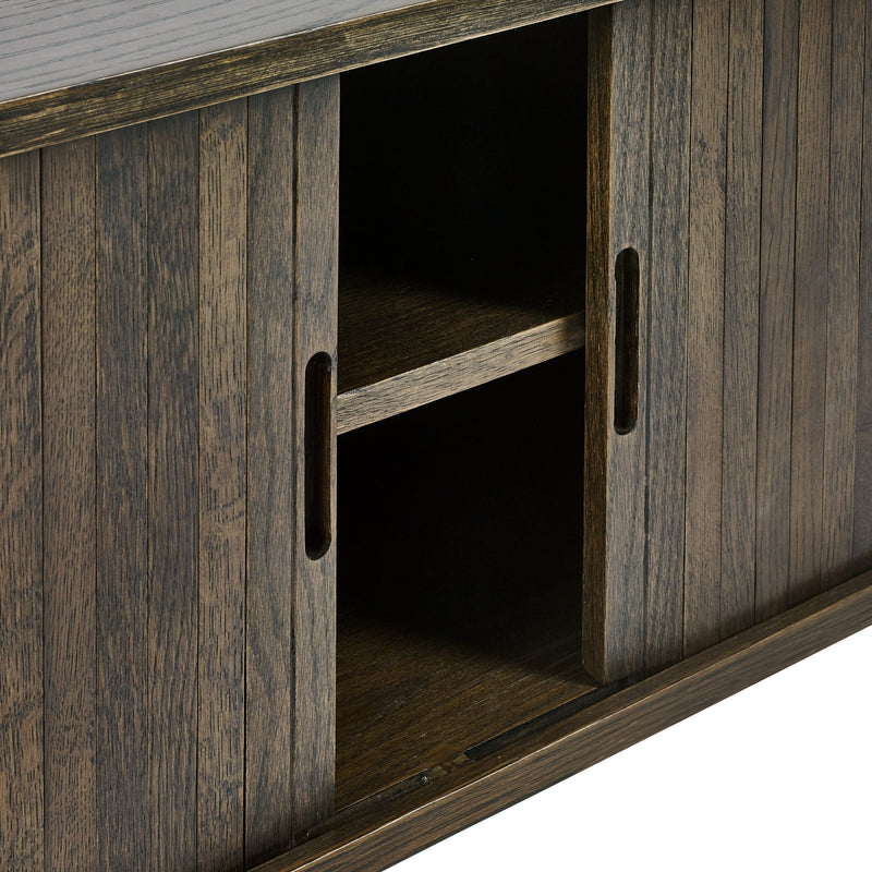 Wooden cabinet with a sliding door open, showing an empty interior.