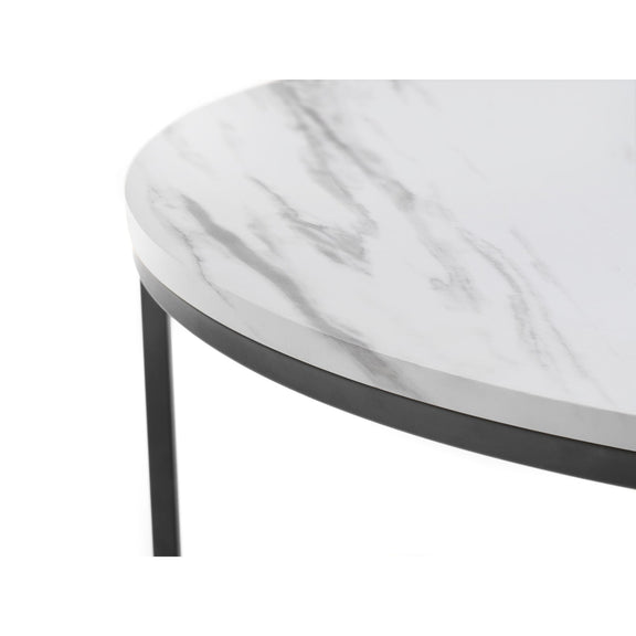 Round marble coffee table with a white marble top and black metal frame on a white background