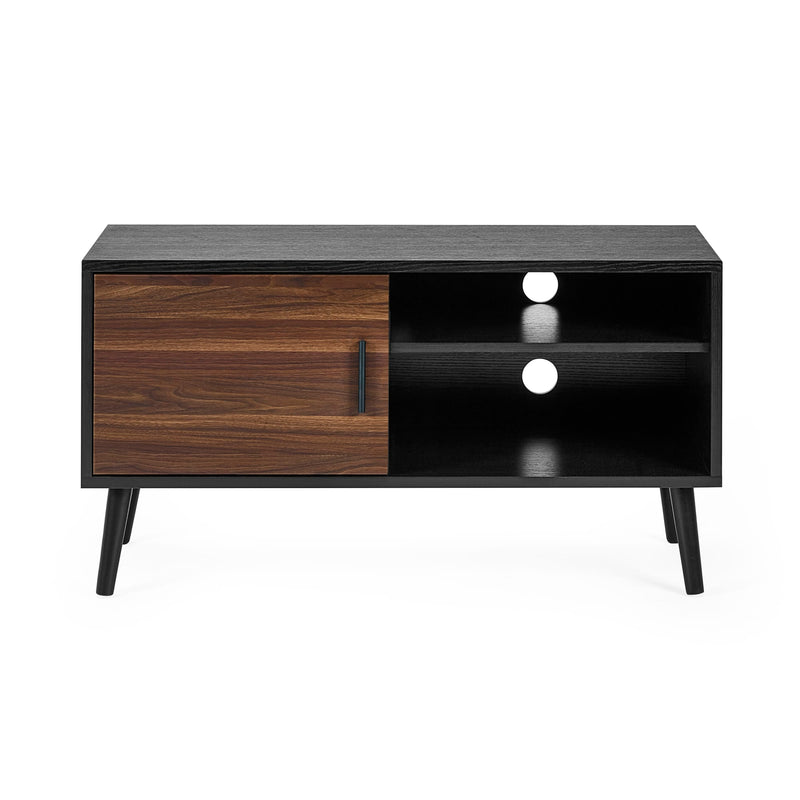 Modern TV stand with wooden and black design on a white background
