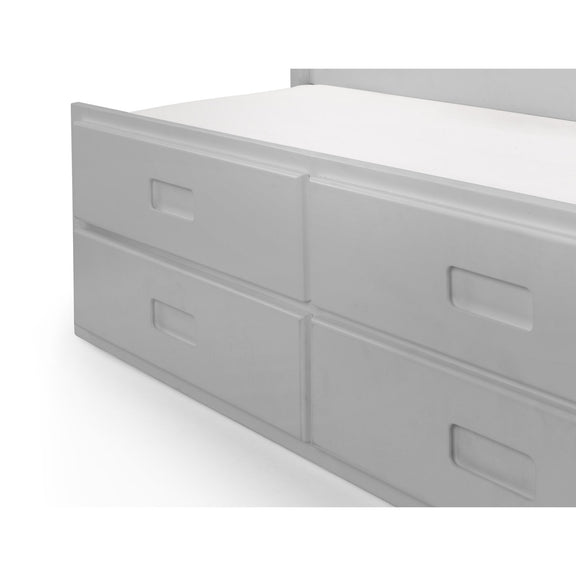 Gray drawer unit with multiple drawers on a white background