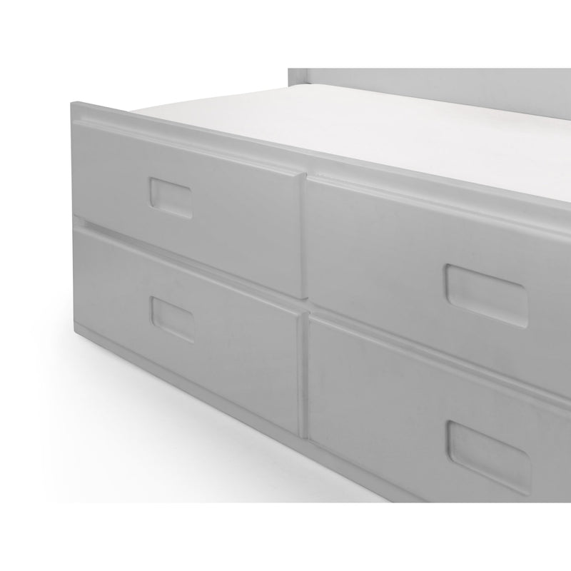 Gray drawer unit with multiple drawers on a white background