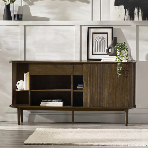 Wooden sideboard with shelves and a mirror in a room setting