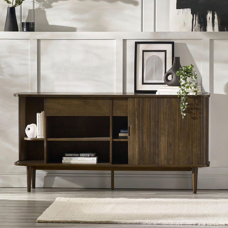 Wooden sideboard with shelves and a mirror in a room setting