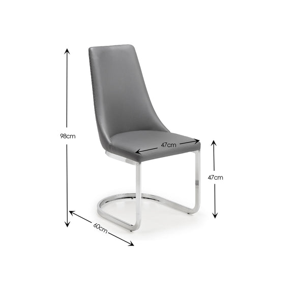 Gray chair with dimensions marked on a white background