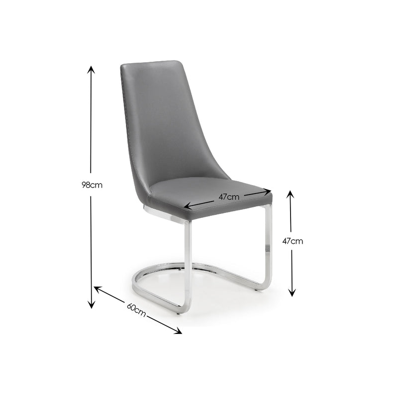 Gray chair with dimensions marked on a white background