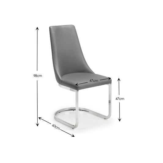 Gray chair with dimensions marked on a white background