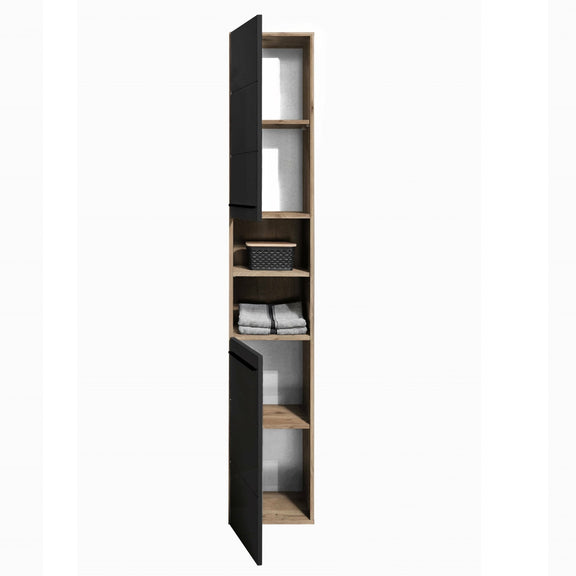 Tall narrow wooden cabinet with shelves on a white background